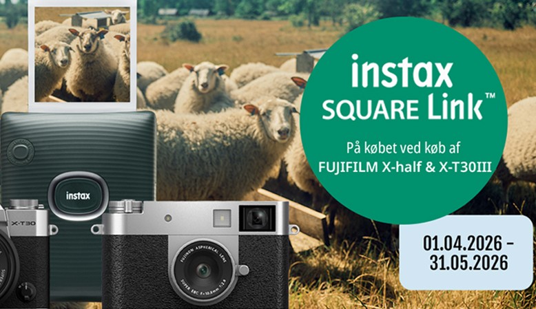 F&aring; en gratis Instax Square Link printer med ved k&oslash;b af Fuji X-half eller X-T30 III